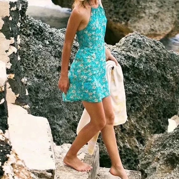 Teal Boho Floral Gypsy Print Halter HighNeck Dress - Picture 2 of 3